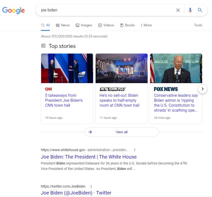 joe biden search results on Google